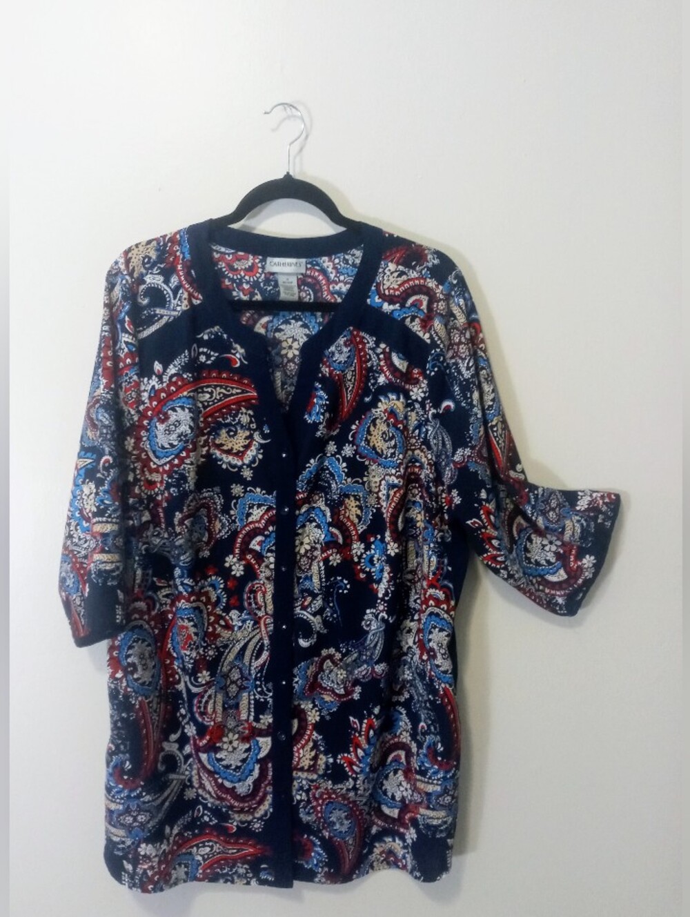 Catherines Navy Paisley Button-Down Blouse with Red and Cream Accents 1X (18/20)